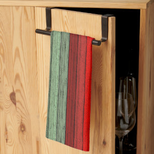 Mörk Red Grönt Wea Wooden Planks Mönster Kökshandduk