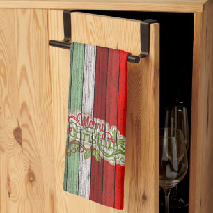 Mörk Red Grönt Wea Wooden Planks Mönster Kökshandduk