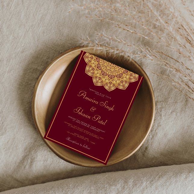 Mörk Red Guld Mandala Ethnic Night Indian Bröllop Inbjudningar (Skapare uppladdad)