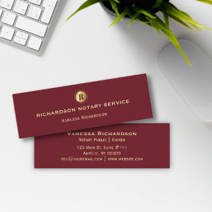 Mörk Red & Guld Monogram Notary Business Promo Mini Visitkort