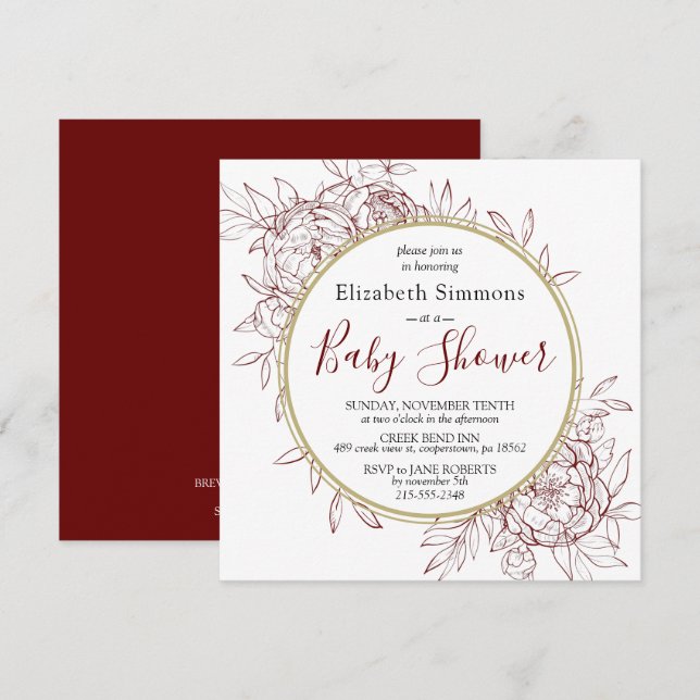 Mörk Red & Guld Peony Blommigt Toile Baby Shower Inbjudningar (Fram/baksida)