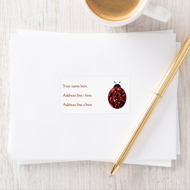 Mörk red ladybug faux glitter sparkles adressetikett (Insitu)