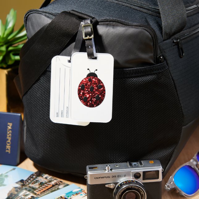 Mörk red ladybug faux glitter sparkles bagagebricka (Framsida & Baksida)