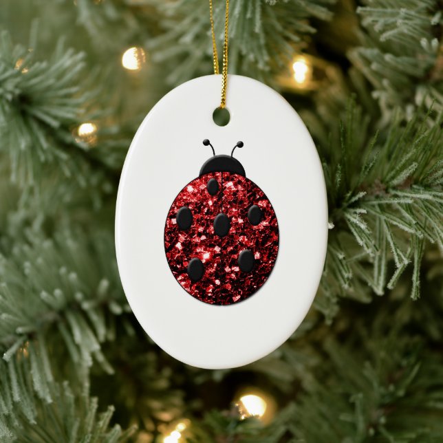 Mörk red ladybug faux glitter sparkles julgransprydnad keramik (Träd)