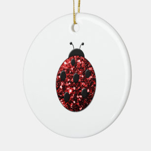 Mörk red ladybug faux glitter sparkles julgransprydnad keramik