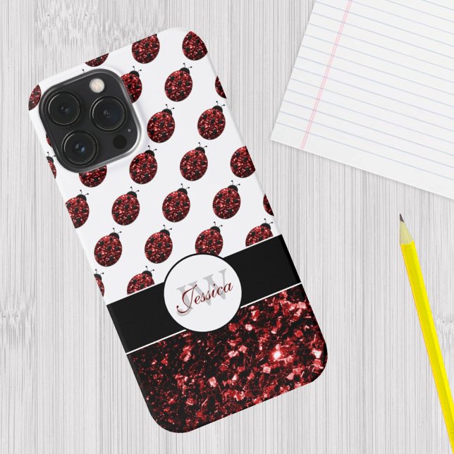 Mörk red ladybug faux glitter sparkles Monogram (Sparkle up and protect your phone with trendy faux sparkles phone case.)