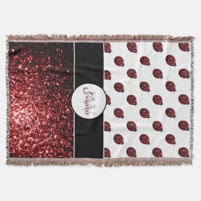 Mörk red ladybug faux glitter sparkles Monogram Filt (Framsidan)