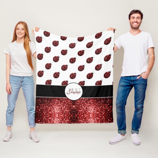 Mörk red ladybug faux glitter sparkles Monogram Fleecefilt (På plats)