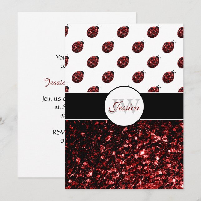 Mörk red ladybug faux glitter sparkles Monogram Inbjudningar (Fram/baksida)