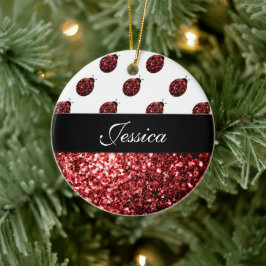Mörk red ladybug faux glitter sparkles Monogram Julgransprydnad Keramik