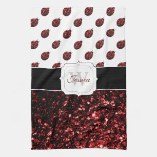 Mörk red ladybug faux glitter sparkles Monogram Kökshandduk