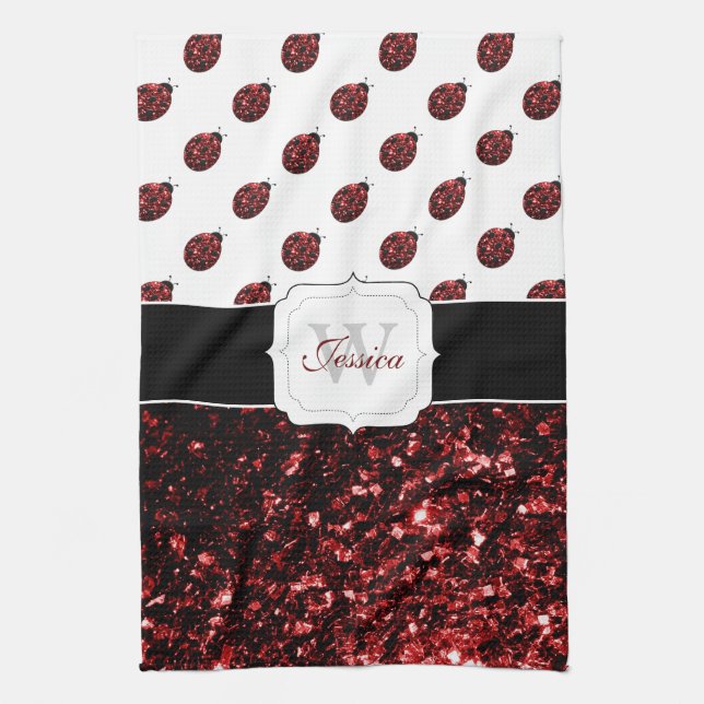 Mörk red ladybug faux glitter sparkles Monogram Kökshandduk (Vertikal)