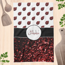 Mörk red ladybug faux glitter sparkles Monogram Kökshandduk