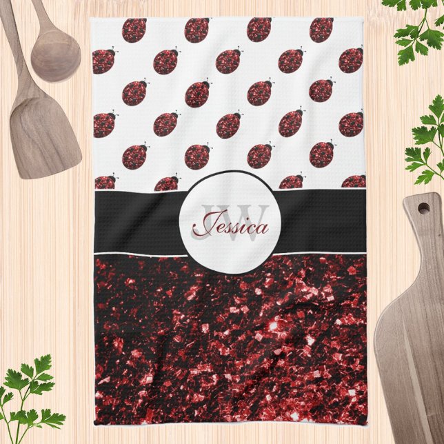 Mörk red ladybug faux glitter sparkles Monogram Kökshandduk (Skapare uppladdad)