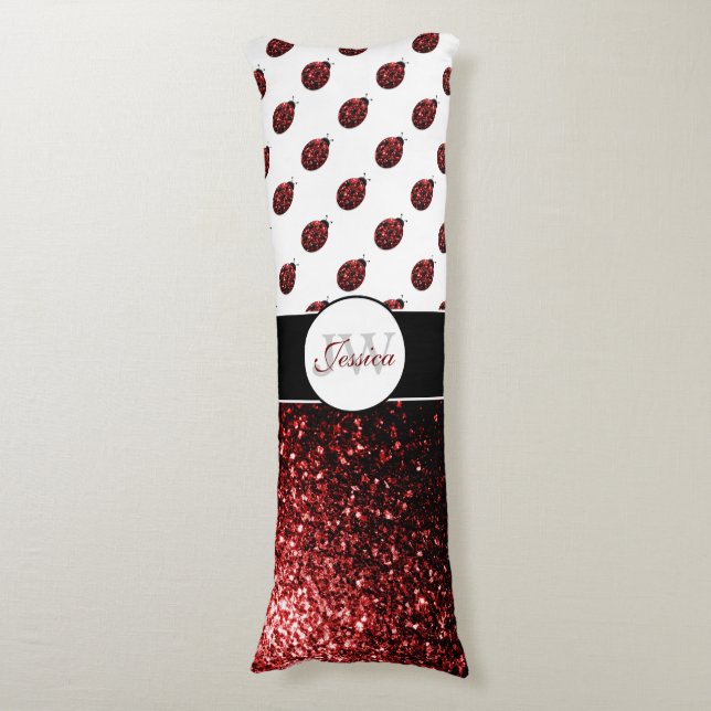 Mörk red ladybug faux glitter sparkles Monogram Kroppskudde (Framsidan Vertikal)