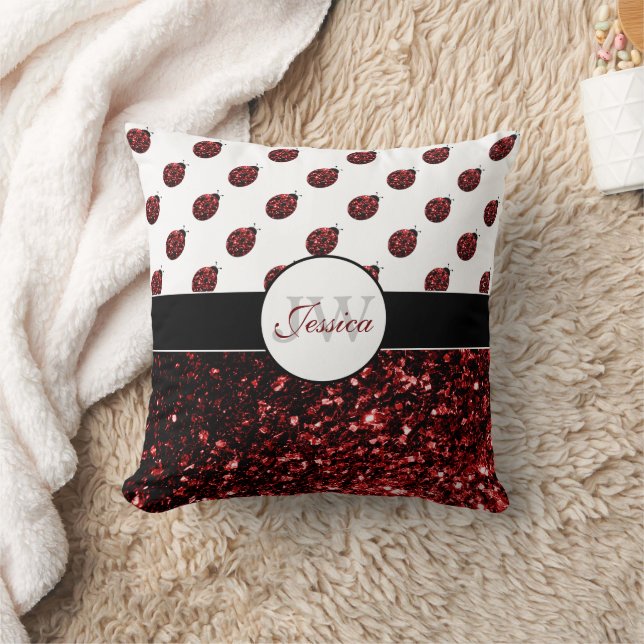 Mörk red ladybug faux glitter sparkles Monogram Kudde (Filt)