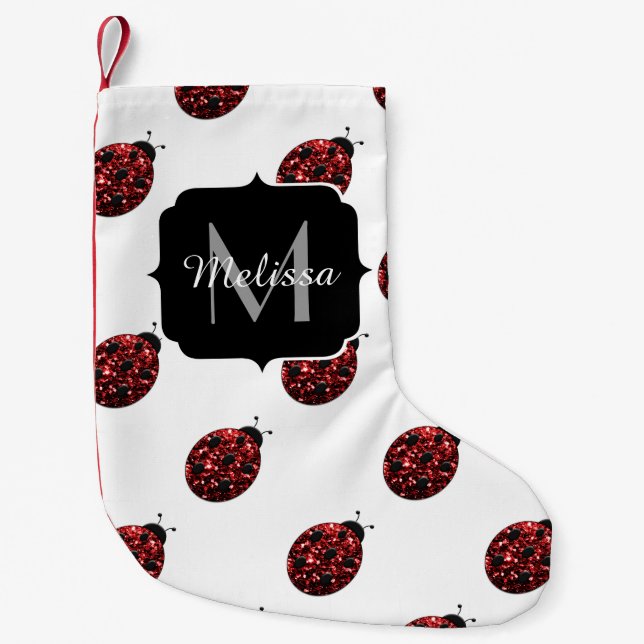 Mörk red ladybug faux glitter sparkles Monogram Liten Julstrumpa (Framsidan)