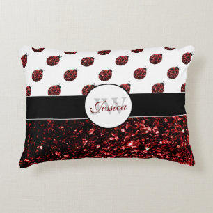 Mörk red ladybug faux glitter sparkles Monogram Prydnadskudde
