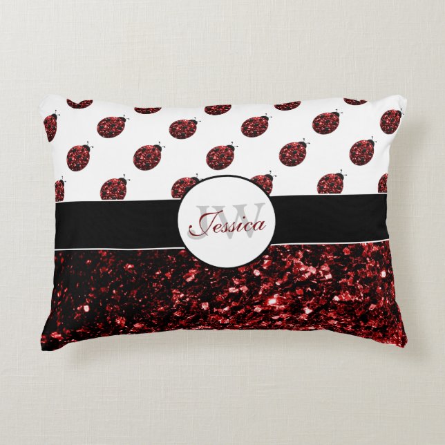 Mörk red ladybug faux glitter sparkles Monogram Prydnadskudde (Framsidan)