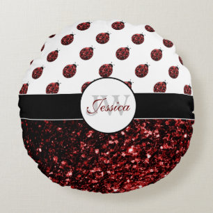 Mörk red ladybug faux glitter sparkles Monogram Rund Kudde