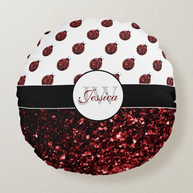 Mörk red ladybug faux glitter sparkles Monogram Rund Kudde (Framsidan)