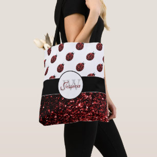 Mörk red ladybug faux glitter sparkles Monogram Tygkasse