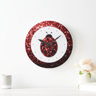 Mörk red ladybug faux glitter sparkles stor klocka