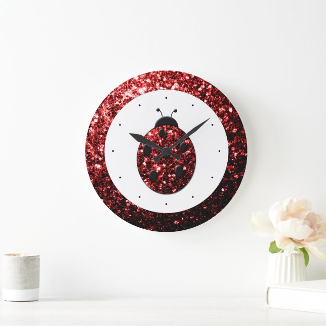 Mörk red ladybug faux glitter sparkles stor klocka (Hem)