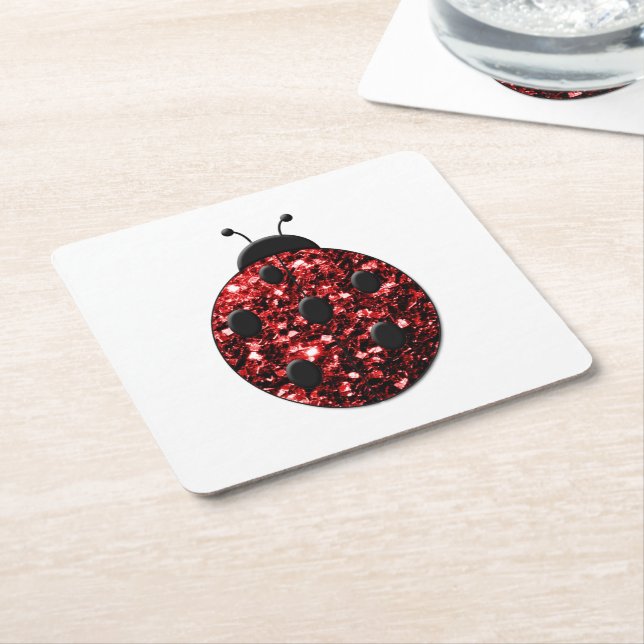 Mörk red ladybug faux glitter sparkles underlägg papper kvadrat (Vinklad)