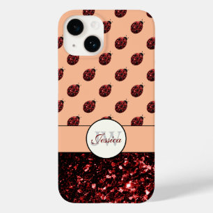 Mörk red ladybug glitter sparkles peach Monogram