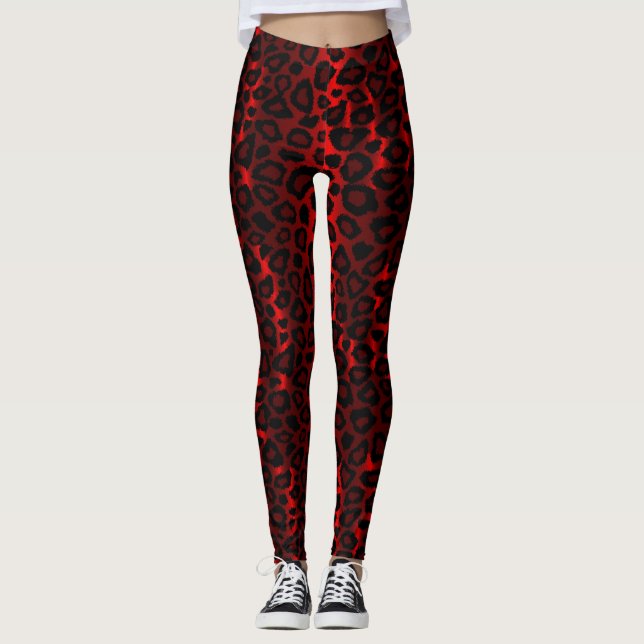 Mörk Red Leopard Animal Print Leggings (Framsida)