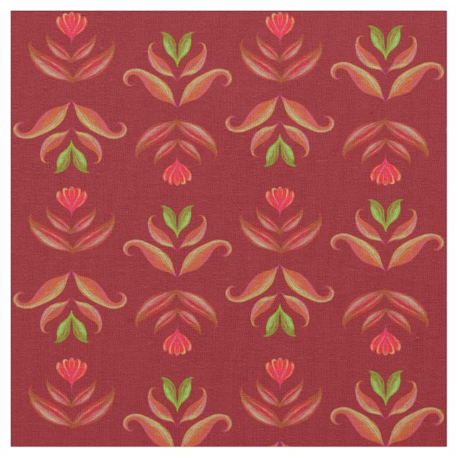 Mörk Red Maroon Folk Art Blommigt Rustic jul Tyg (Närbild)