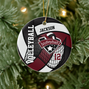 Mörk Red Maroon, White and Black Logotyp 🏐 Vol Julgransprydnad Keramik