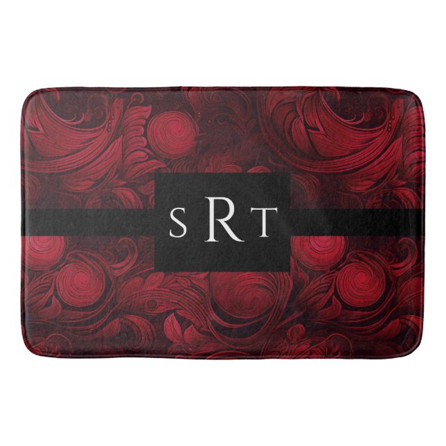 Mörk Red Monogrammed Abstrakt Swirl Mönster Badrumsmatta (Framsidan)