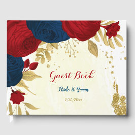 mörk red & navy blåa blommor guld bröllop gästböcker