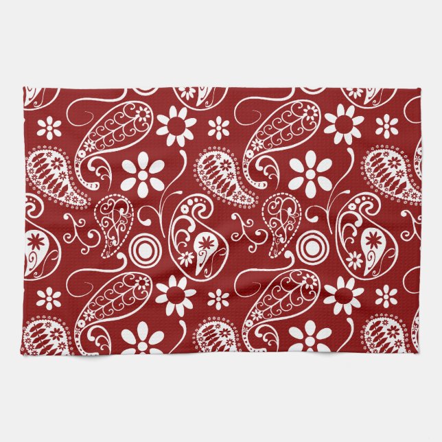 Mörk Red Paisley; Blommigt Kökshandduk (Horisontell)