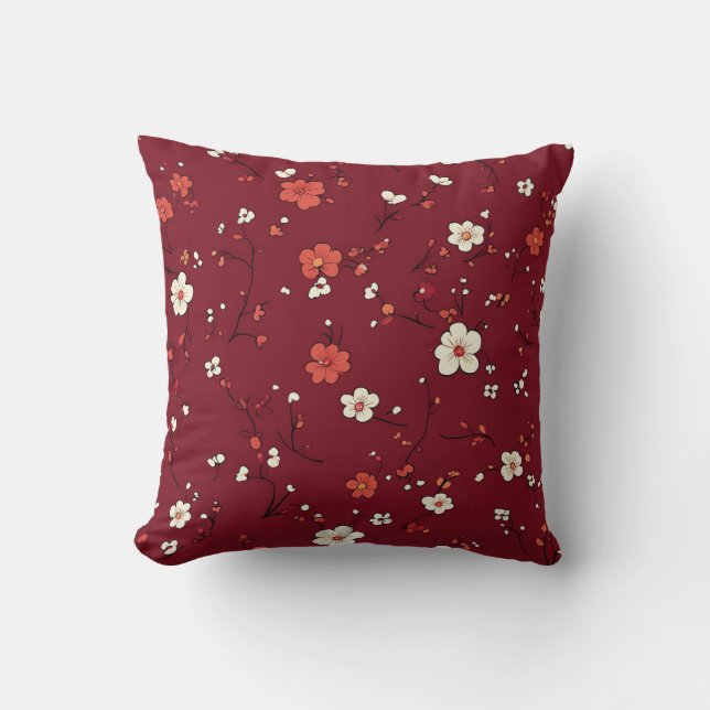 Mörk Red Pillow med små vita och Rosa Blommar Kudde (Framsida)