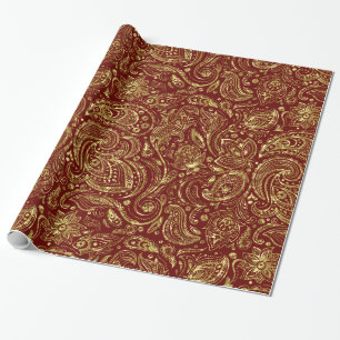 Mörk Red & Shiny Guld Blommigt paisley Mönster Presentpapper