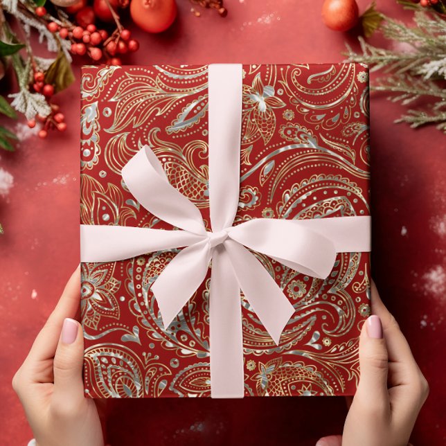 Mörk Red & Shiny Silver & Guld Blommigt Paisley Presentpapper (Skapare uppladdad)