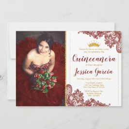 Mörk Red Snöre & Glitter Guld Princess Quinceañera Inbjudningar