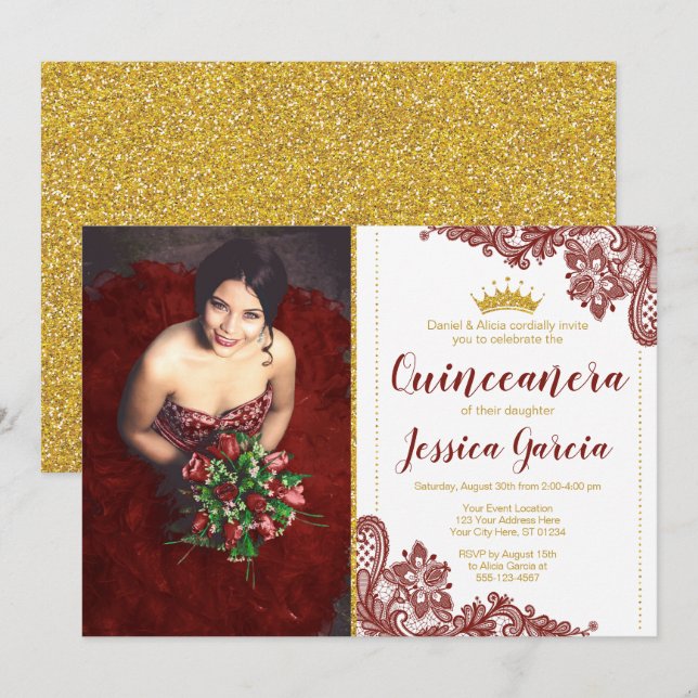 Mörk Red Snöre & Glitter Guld Princess Quinceañera Inbjudningar (Fram/baksida)