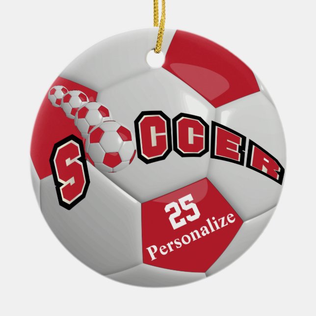 Mörk Red Soccer Ball | Anpassa Julgransprydnad Keramik (Framsidan)