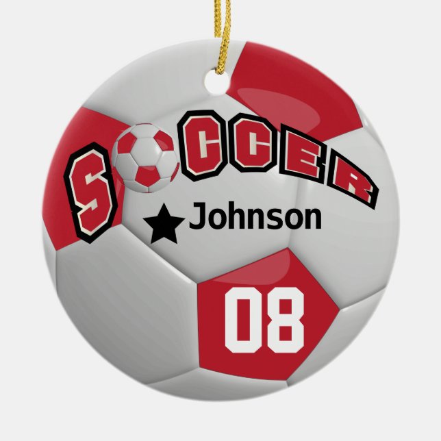 Mörk Red Soccer Ball | DIY Namn och nummer Julgransprydnad Keramik (Framsidan)