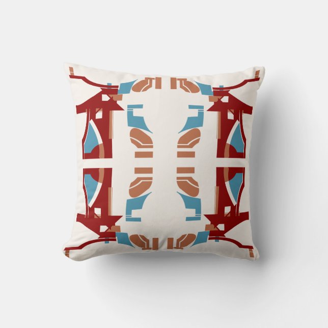 Mörk Red Tan Blue på off-white Mediterranean Motif Kudde (Framsida)