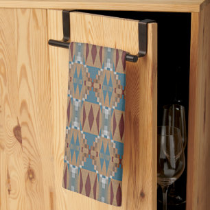 Mörk Red Teal Blue Taupe Brown Tribal Mosaic Art Kökshandduk