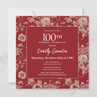 Mörk Red Toile Blommigt 100:e Födelsedagsfesten Fa