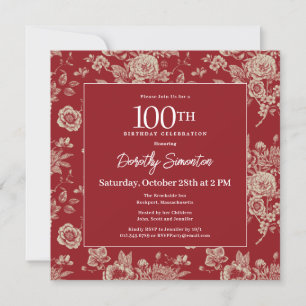 Mörk Red Toile Blommigt 100:e Födelsedagsfesten Fa Inbjudningar
