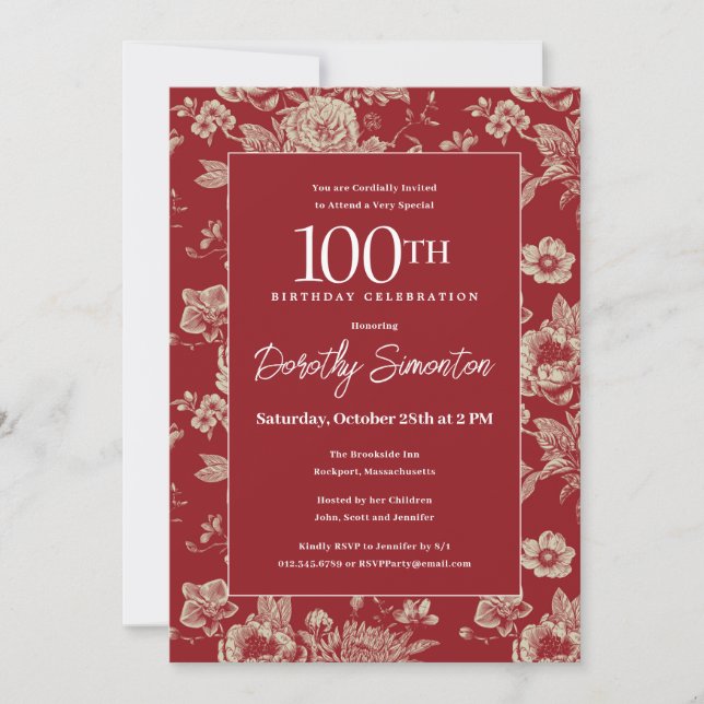 Mörk Red Toile Blommigt 100:e Födelsedagsfesten Fa Inbjudningar (Framsida)