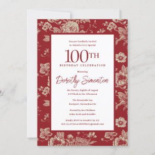 Mörk Red Toile Blommigt 100:e Födelsedagsfesten Fa Inbjudningar