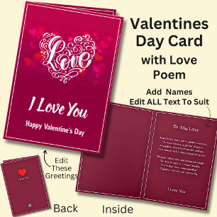 Mörk Red Valentine Heart + Kärlek Dikt Kort